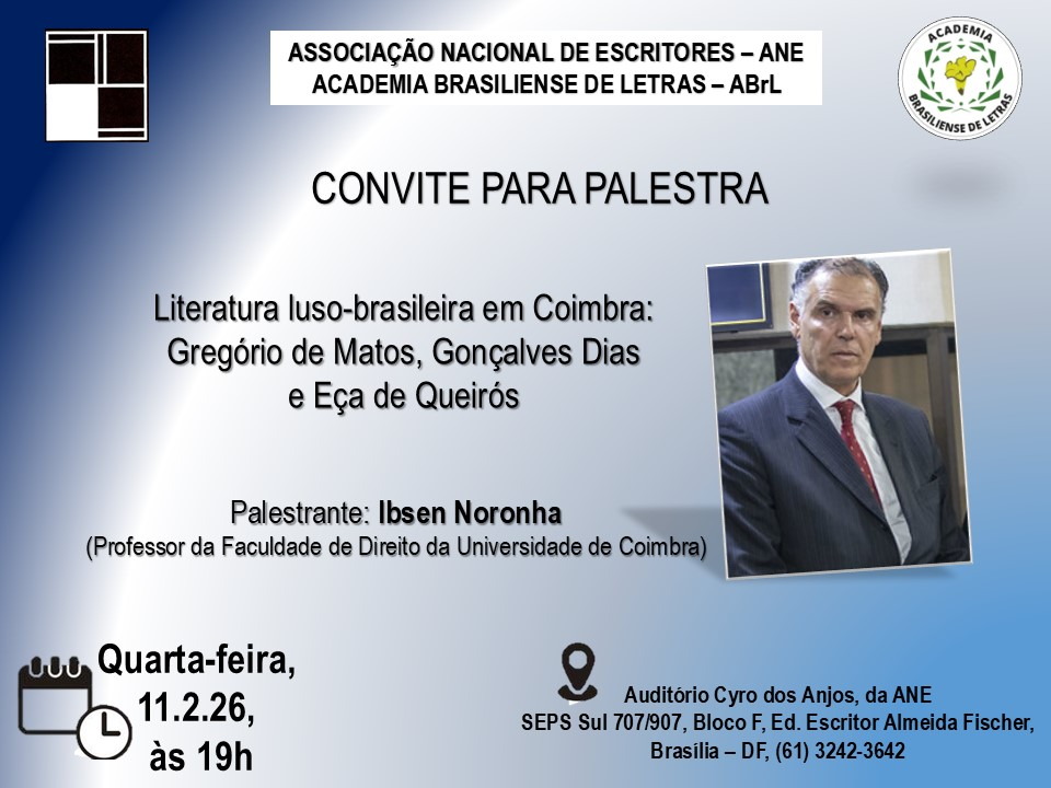 Convite para palestra do escritor Ibsen Noronha, quarta-feira, 11.2.26, &agrave;s 19h